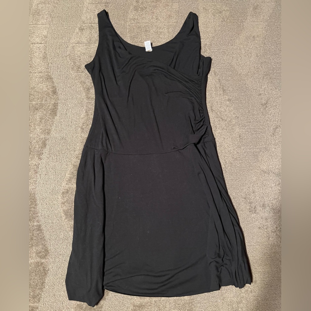 GAP Stretch Plain Solid Black Mock Wrap Wide Strap Tank Midi Dress Flowy Flares